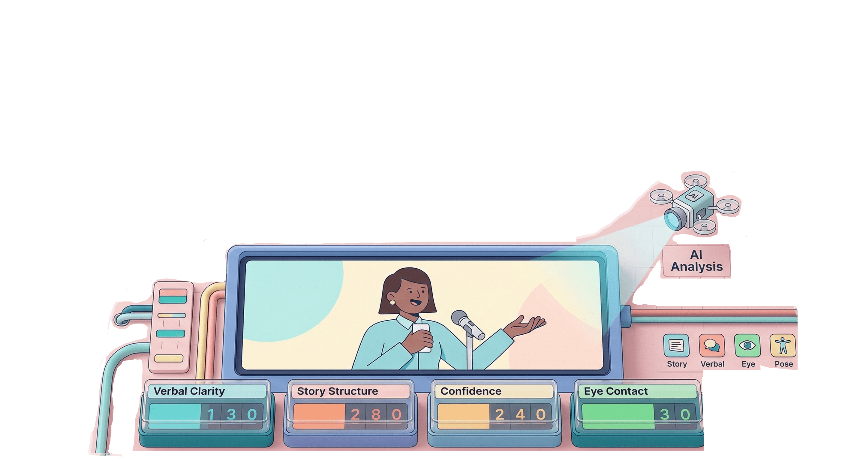 AI pitch analysis showing a presenter with verbal clarity, story structure, confidence, and eye contact scores