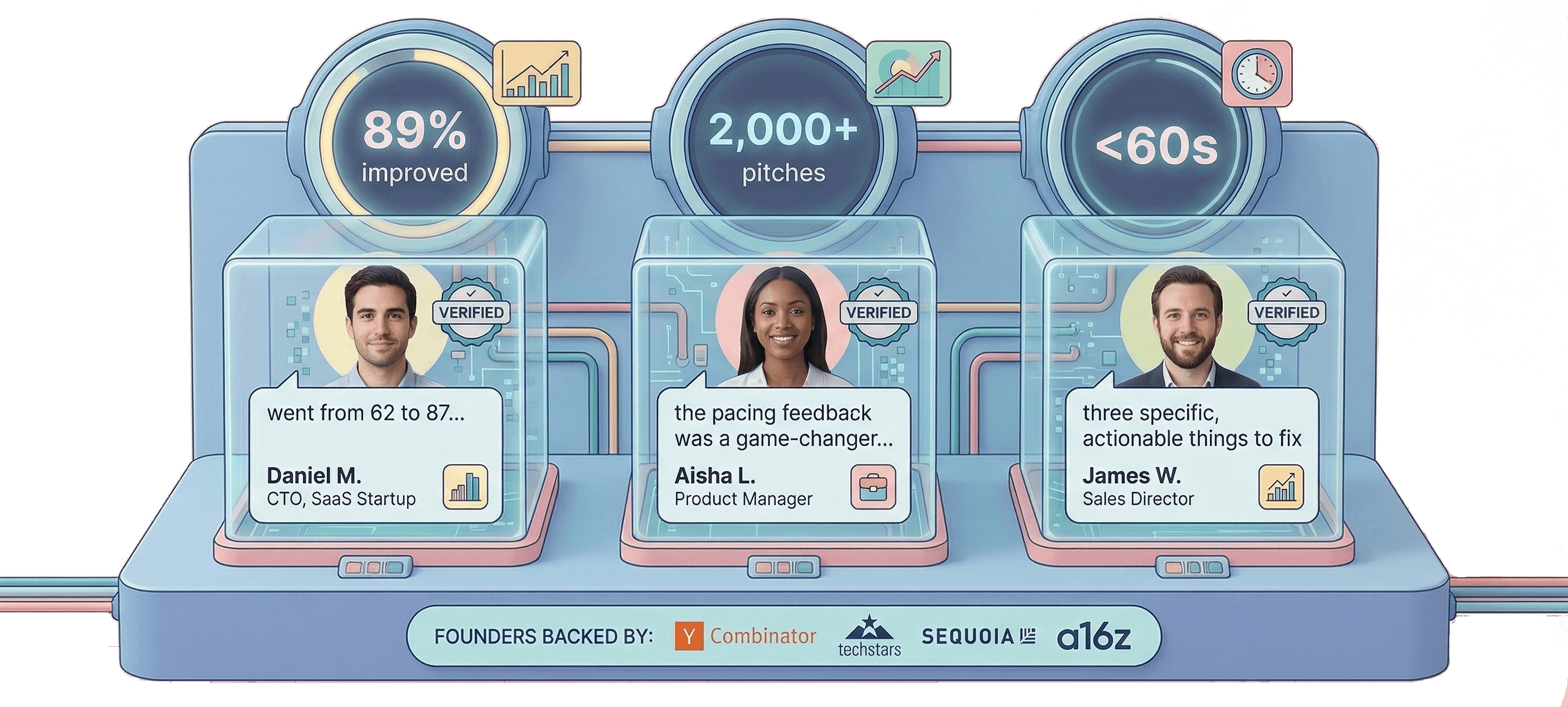 Wall of proof showing 89% improved, 2,000+ pitches analyzed, under 60 second analysis time, with verified testimonials from Daniel M., Aisha L., and James W., backed by Y Combinator, Techstars, Sequoia, and a16z